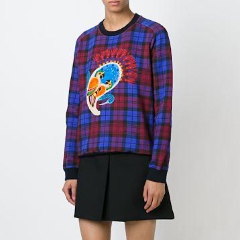 Mary Katrantzou • Calty Red Blue Plaid Art Nouveau Print Sweatshirt Size Large